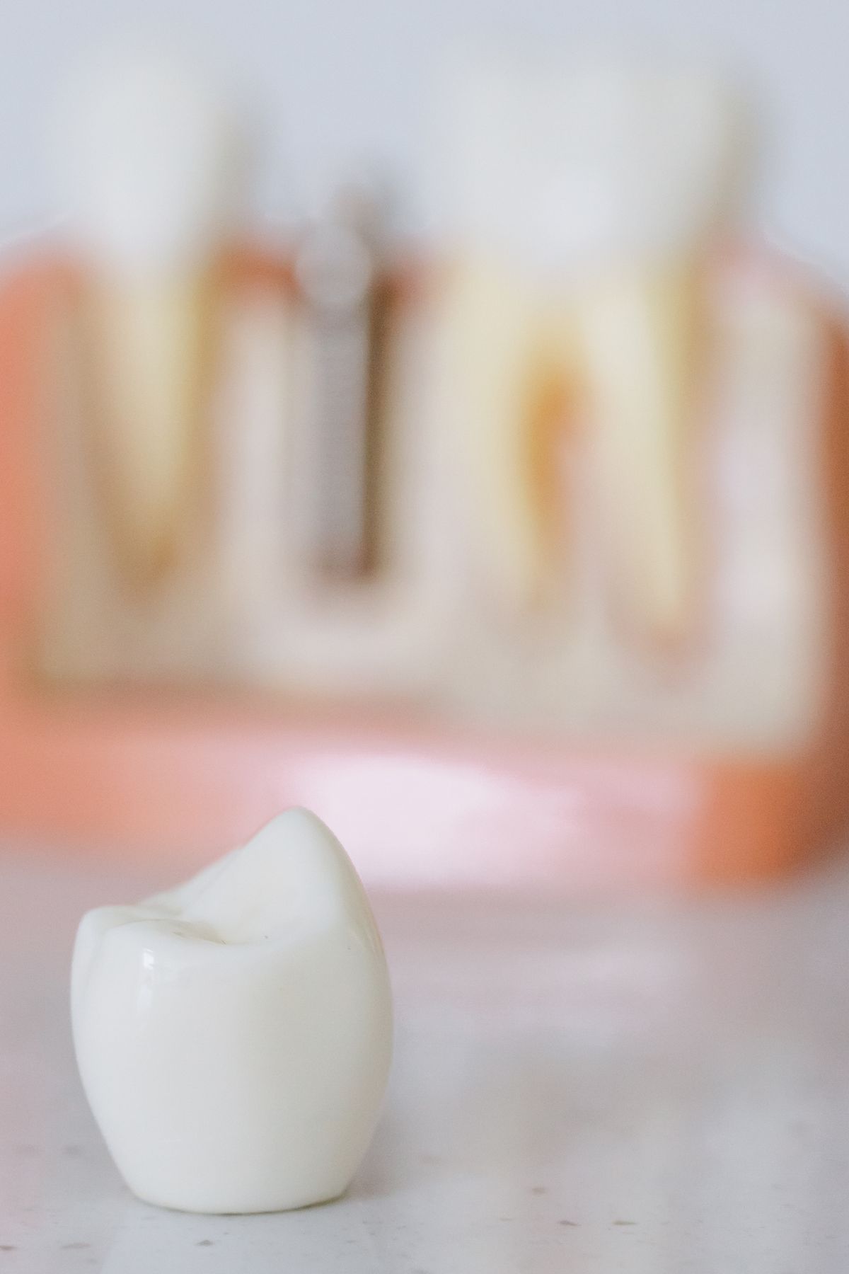 A replacement tooth beside a dental demonstration model.